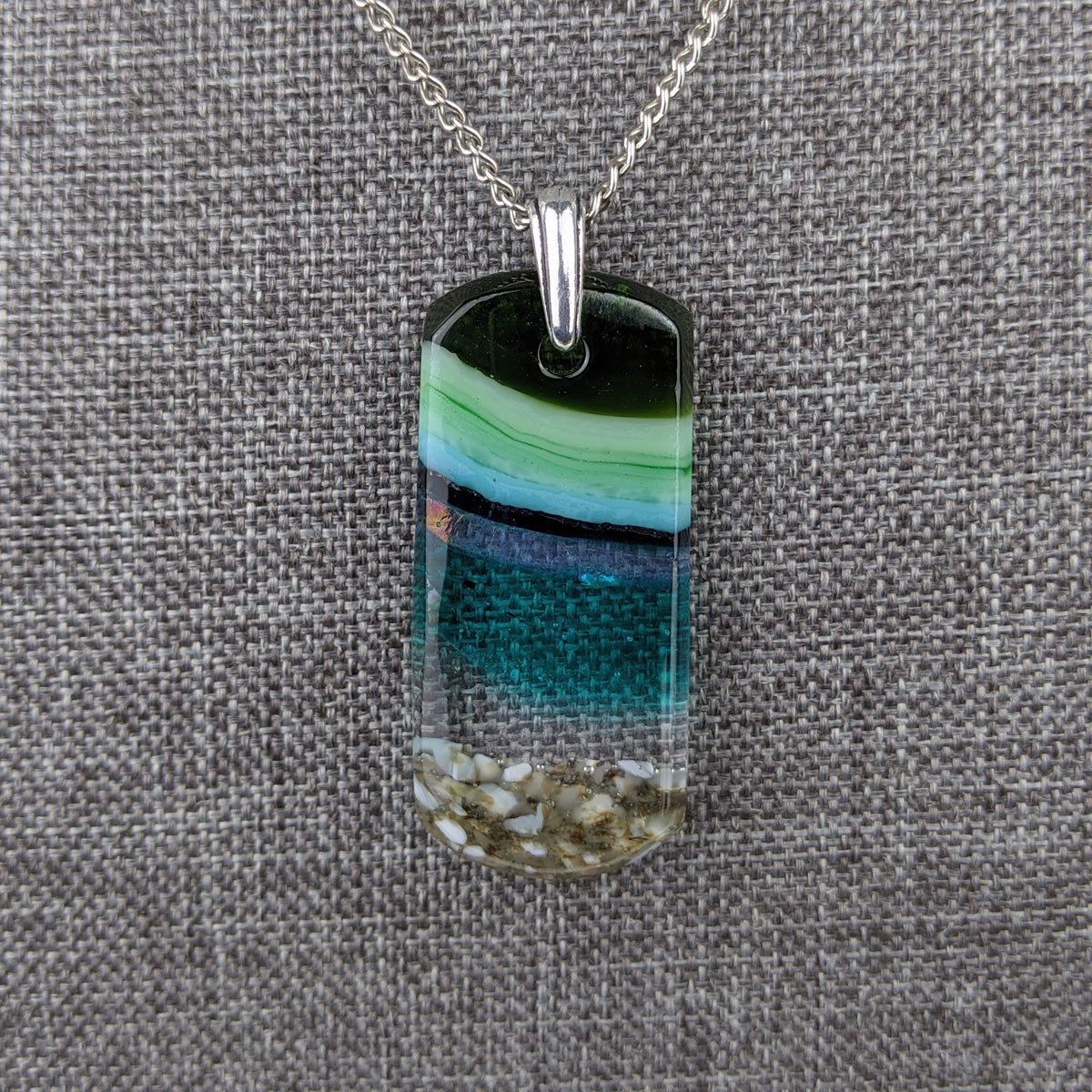 Aqua Turquoise Blue Seascape, Fused Glass Beach Necklace, Glass Pendant, Glass Ocean Jewelry