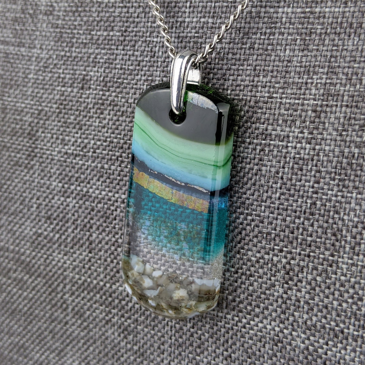 Aqua Turquoise Blue Seascape, Fused Glass Beach Necklace, Glass Pendant, Glass Ocean Jewelry