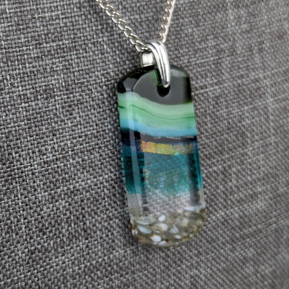 Aqua Turquoise Blue Seascape, Fused Glass Beach Necklace, Glass Pendant, Glass Ocean Jewelry