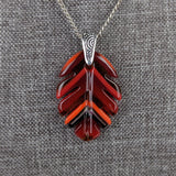 Ruby Red Amber Orange Feather Leaf, Fused Glass Necklace, Fused Glass Pendant, Native Jewelry