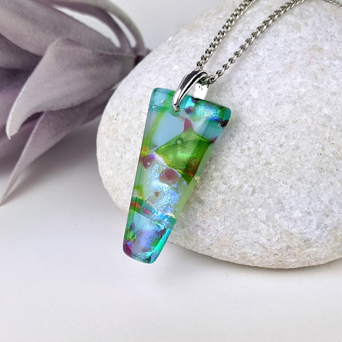 Aqua Lavender Mint, Fused Glass Beach Necklace, Glass Pendant, Dichroic Ocean Jewelry