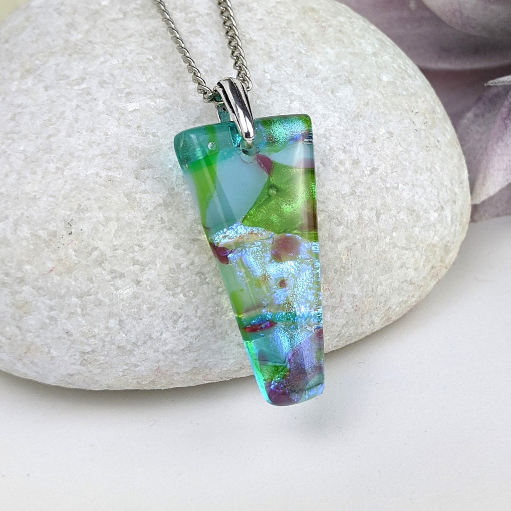 Aqua Lavender Mint, Fused Glass Beach Necklace, Glass Pendant, Dichroic Ocean Jewelry