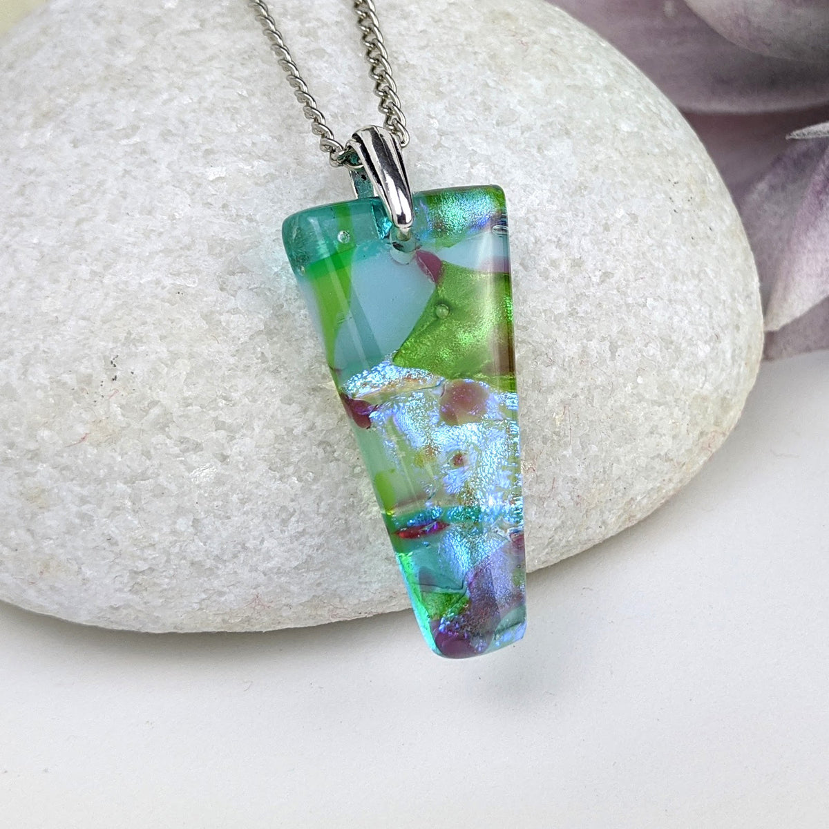 Aqua Lavender Mint, Fused Glass Beach Necklace, Glass Pendant, Dichroic Ocean Jewelry