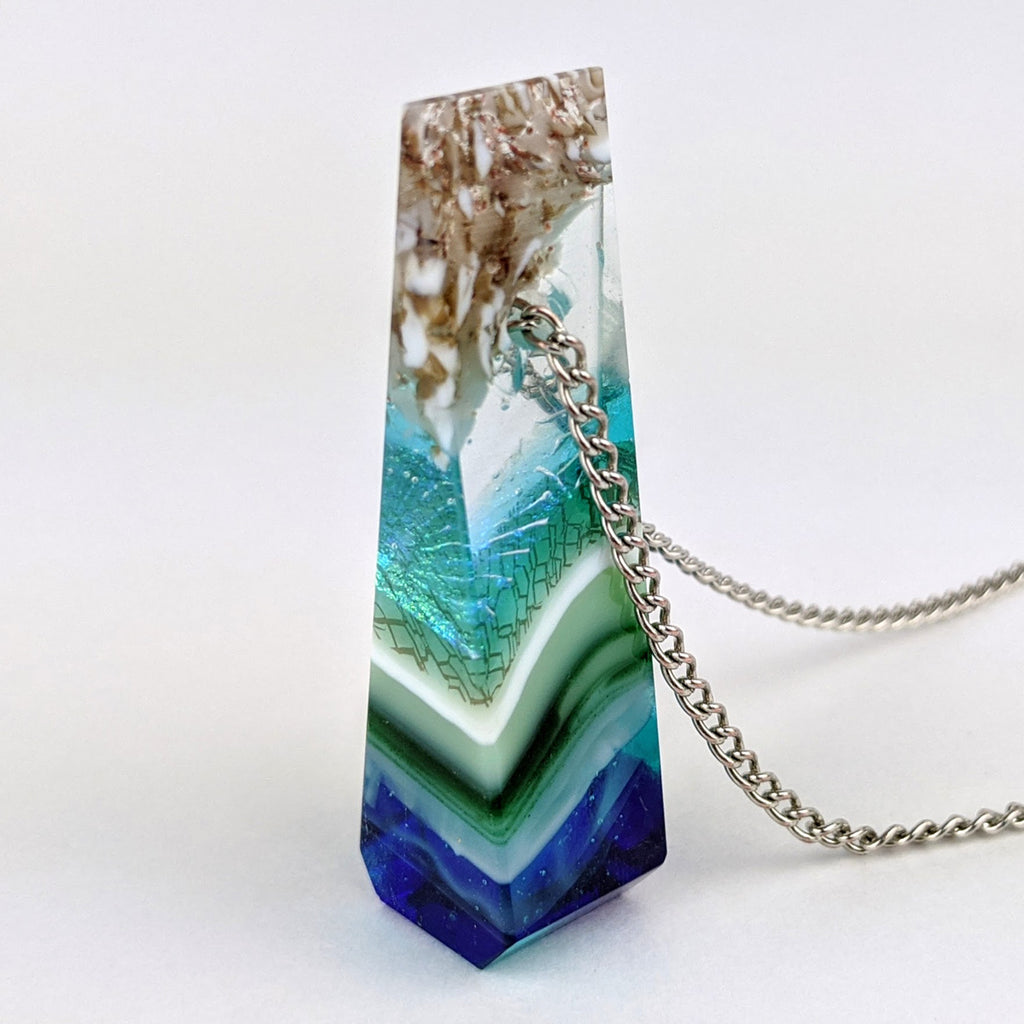 3D Aquascape Tower Pendant, Dichroic Ocean Beach Necklace