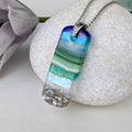 Aqua Turquoise Blue Seascape, Fused Glass Ocean Beach Necklace, Dichroic Aquascape Pendant