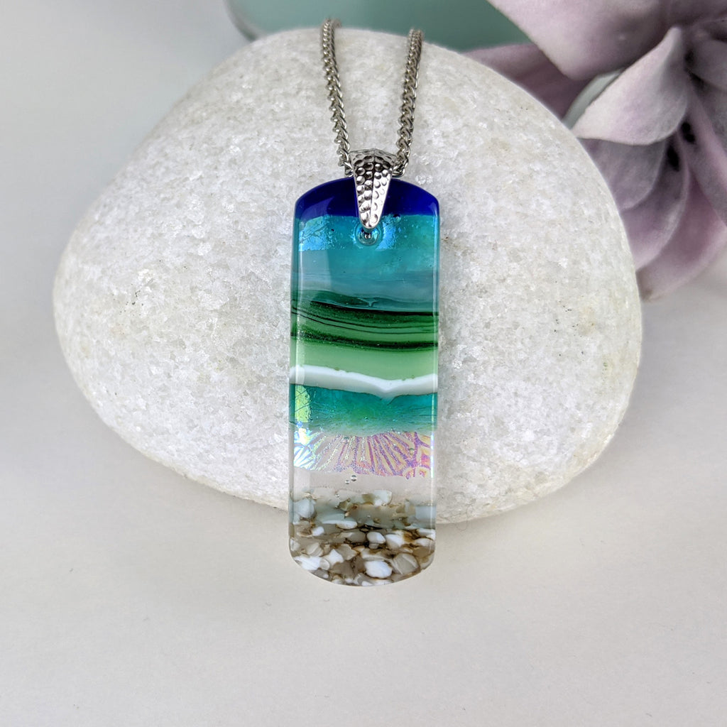 Aqua Turquoise Blue Seascape, Fused Glass Ocean Beach Necklace, Dichroic Aquascape Pendant