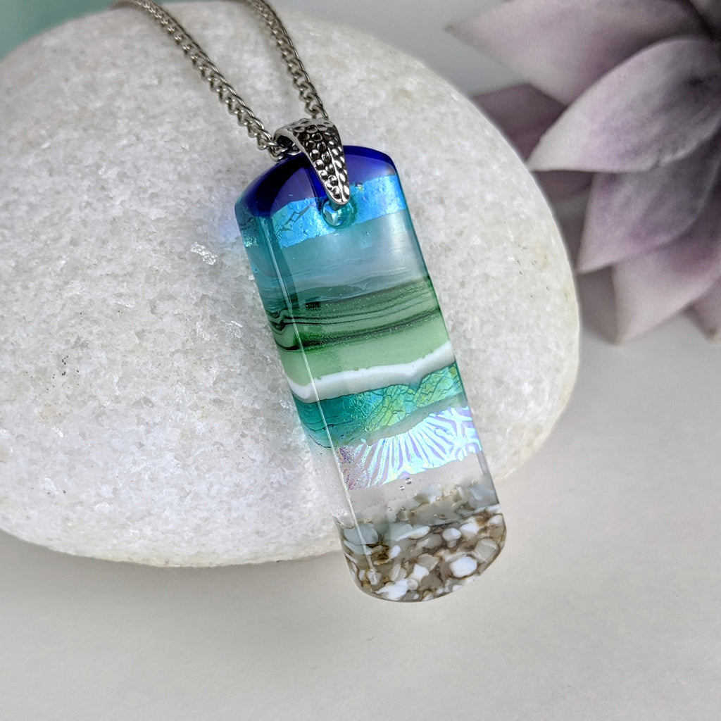 Aqua Turquoise Blue Seascape, Fused Glass Ocean Beach Necklace, Dichroic Aquascape Pendant