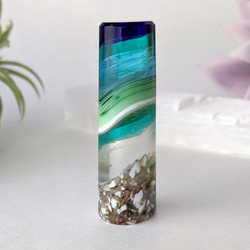 3D Aquascape Crystal Tower, Dichroic Ocean Beach Mini Sculpture