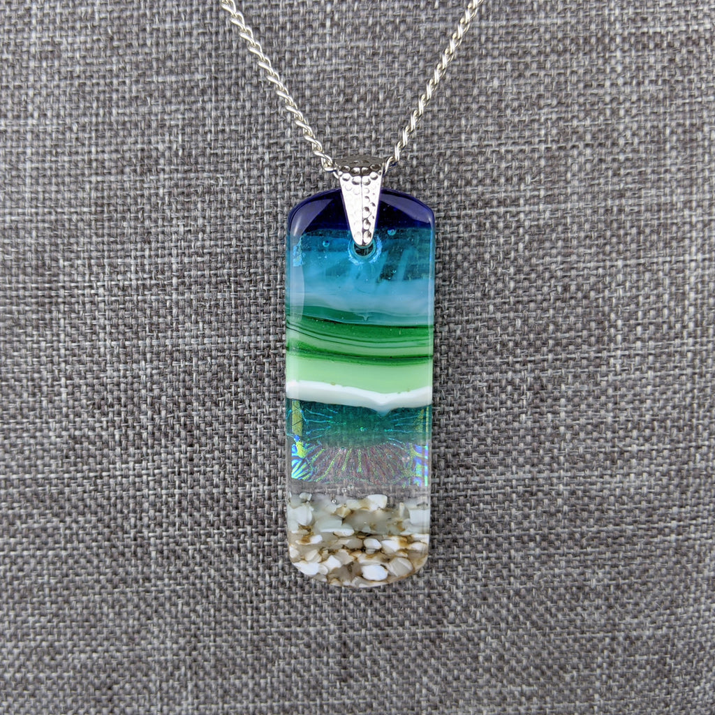 Aqua Turquoise Blue Seascape, Fused Glass Ocean Beach Necklace, Dichroic Aquascape Pendant