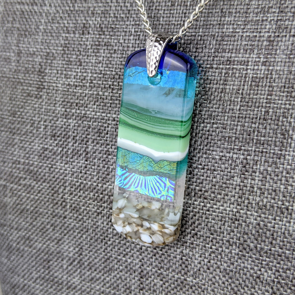 Aqua Turquoise Blue Seascape, Fused Glass Ocean Beach Necklace, Dichroic Aquascape Pendant