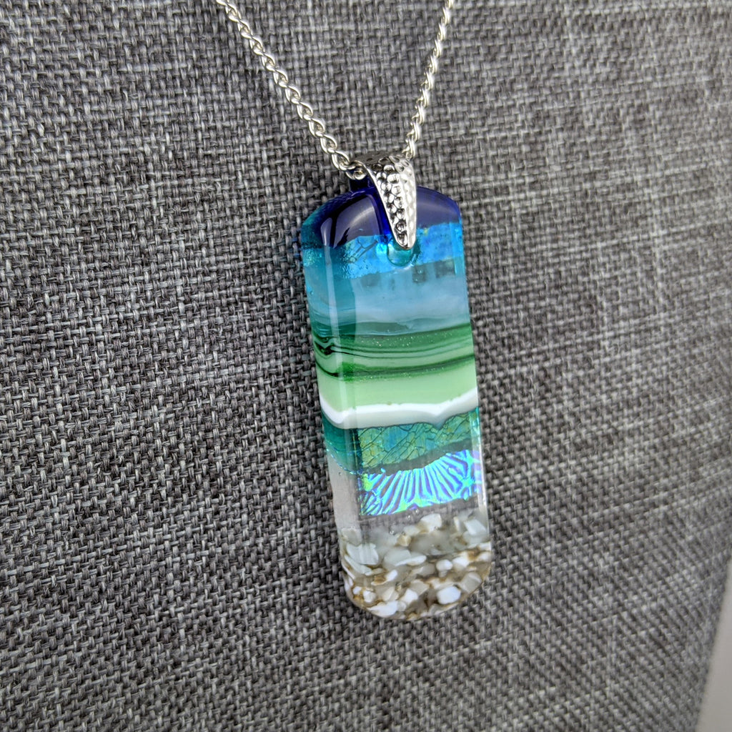 Aqua Turquoise Blue Seascape, Fused Glass Ocean Beach Necklace, Dichroic Aquascape Pendant