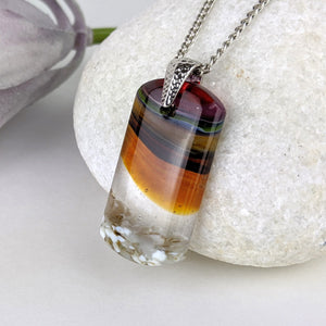 Red Amber Gray Landscape, Fused Glass Beach Necklace, Water Sunset Pendant