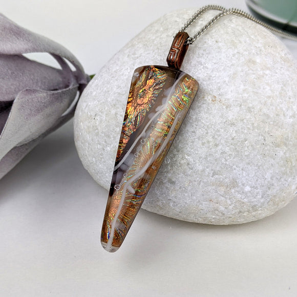 Amber Brown Copper Gold, Fused Glass Necklace, Triangle Dichroic Pendant