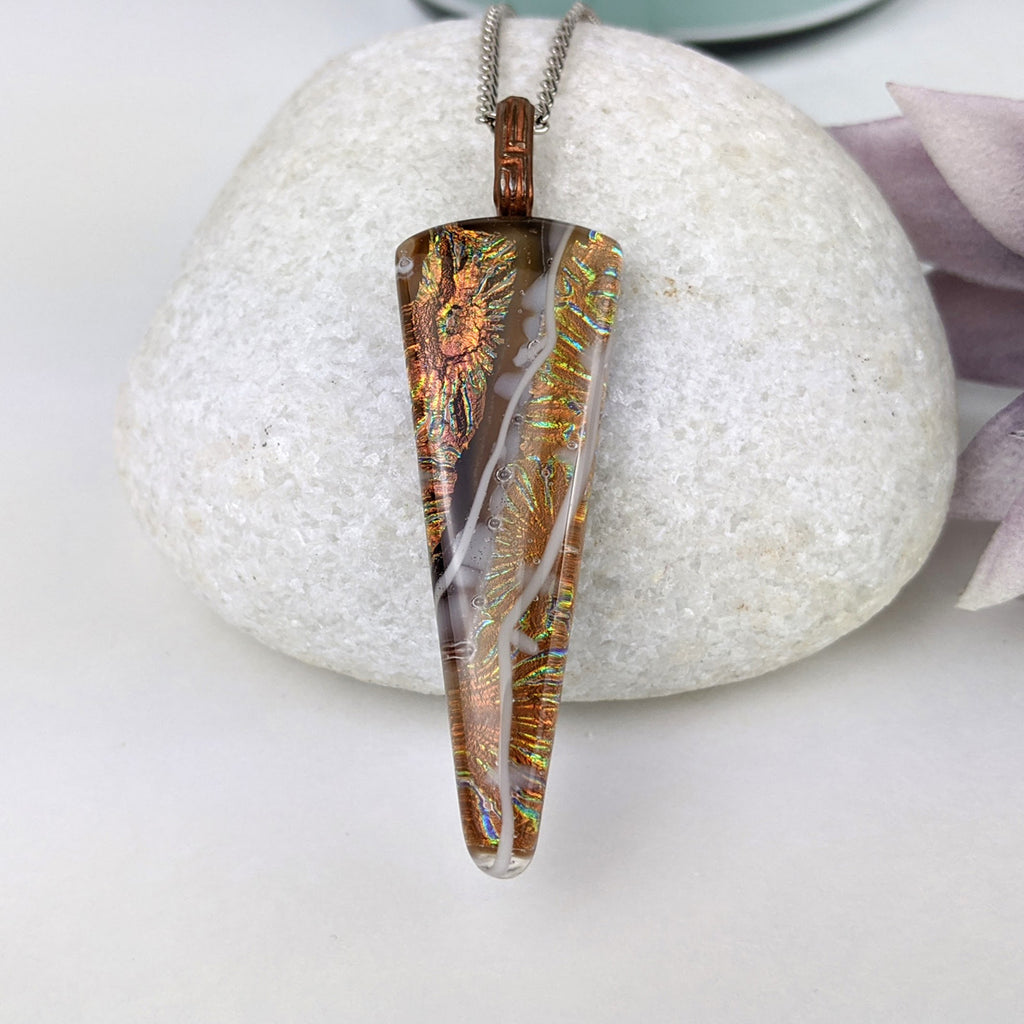 Amber Brown Copper Gold, Fused Glass Necklace, Triangle Dichroic Pendant