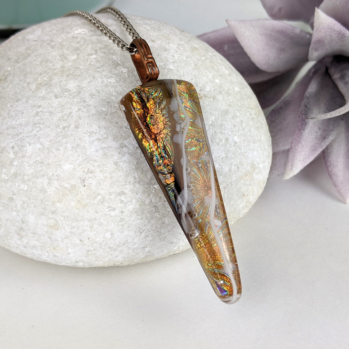 Amber Brown Copper Gold, Fused Glass Necklace, Triangle Dichroic Pendant