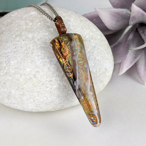 Amber Brown Copper Gold, Fused Glass Necklace, Triangle Dichroic Pendant