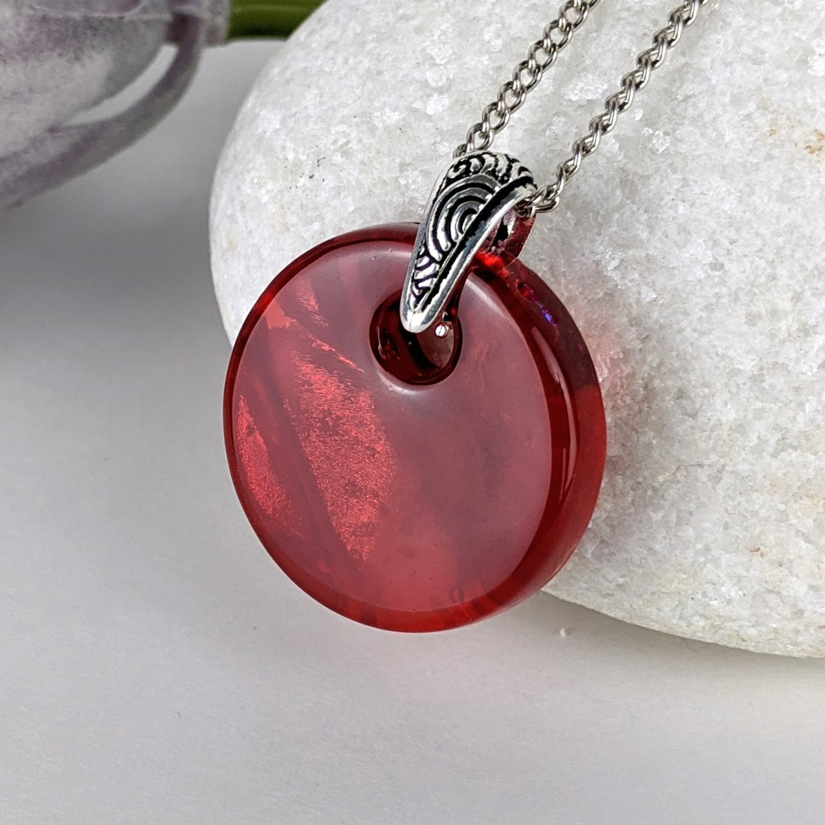 Ruby Red Disc, Fused Glass Necklace, Round Circle Dichroic Pendant