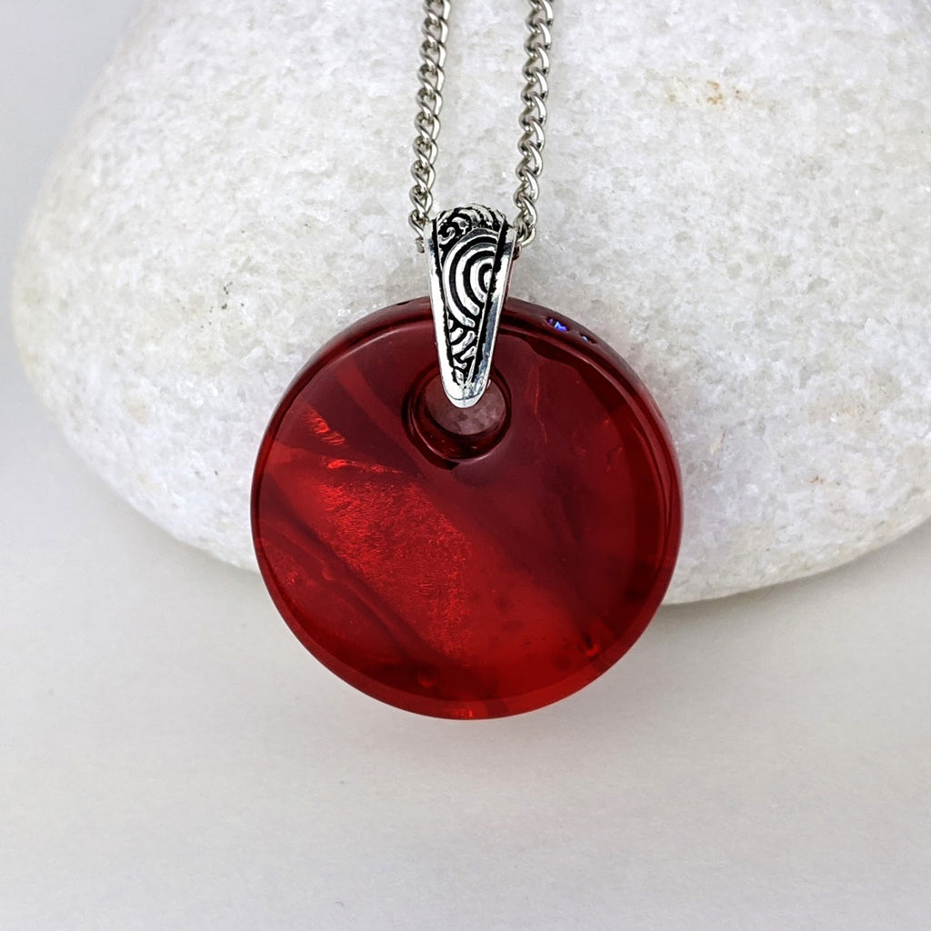 Ruby Red Disc, Fused Glass Necklace, Round Circle Dichroic Pendant