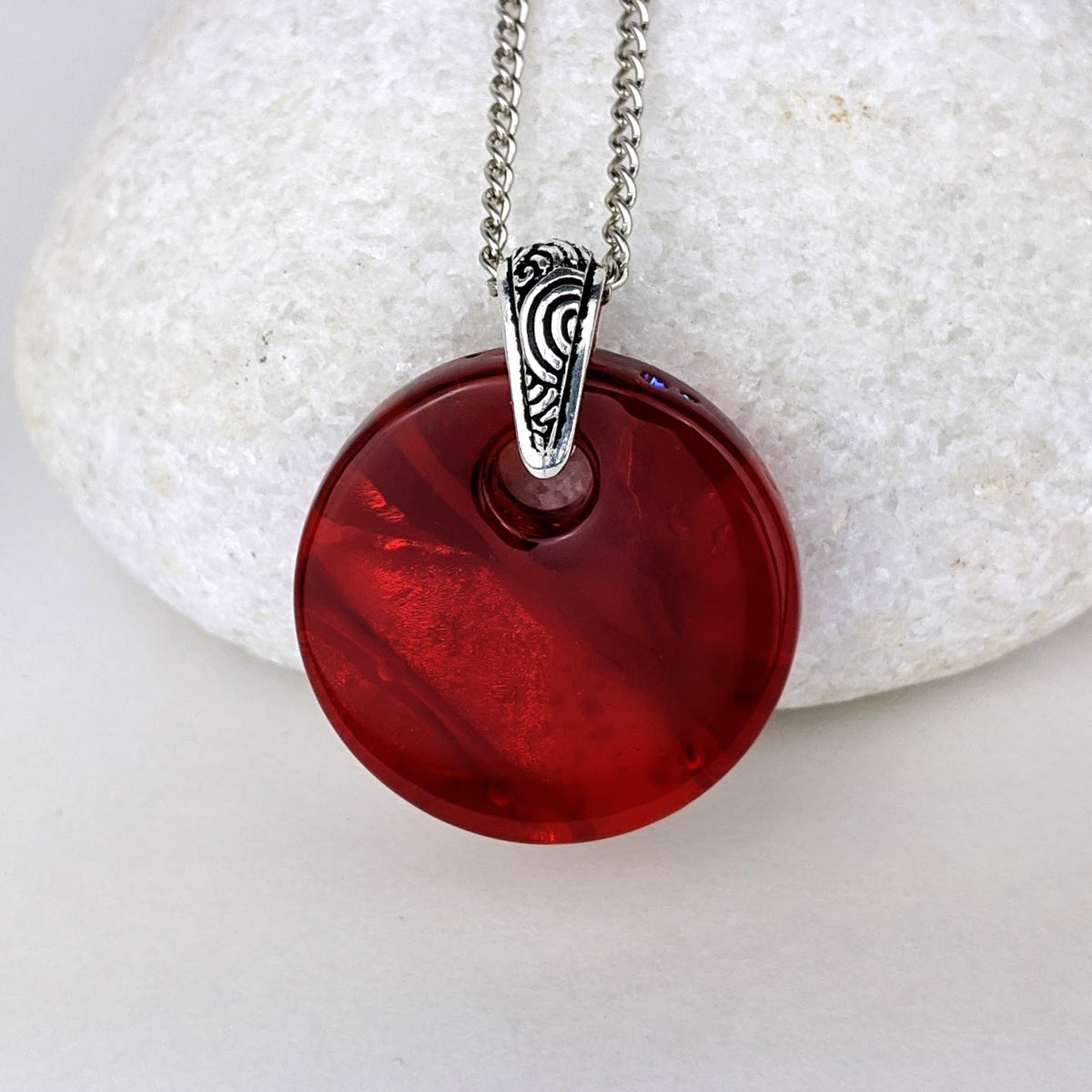 Ruby Red Disc, Fused Glass Necklace, Round Circle Dichroic Pendant