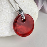 Ruby Red Disc, Fused Glass Necklace, Round Circle Dichroic Pendant