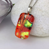 Red Orange Gold, Fused Glass Necklace, Dichroic Silver Pendant