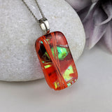 Red Orange Gold, Fused Glass Necklace, Dichroic Silver Pendant