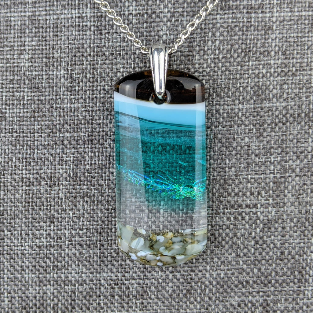 Aqua Turquoise Blue Seascape, Fused Glass Ocean Beach Necklace, Dichroic Aquascape Pendant