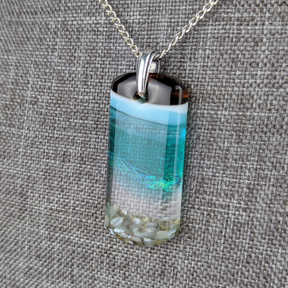 Aqua Turquoise Blue Seascape, Fused Glass Ocean Beach Necklace, Dichroic Aquascape Pendant