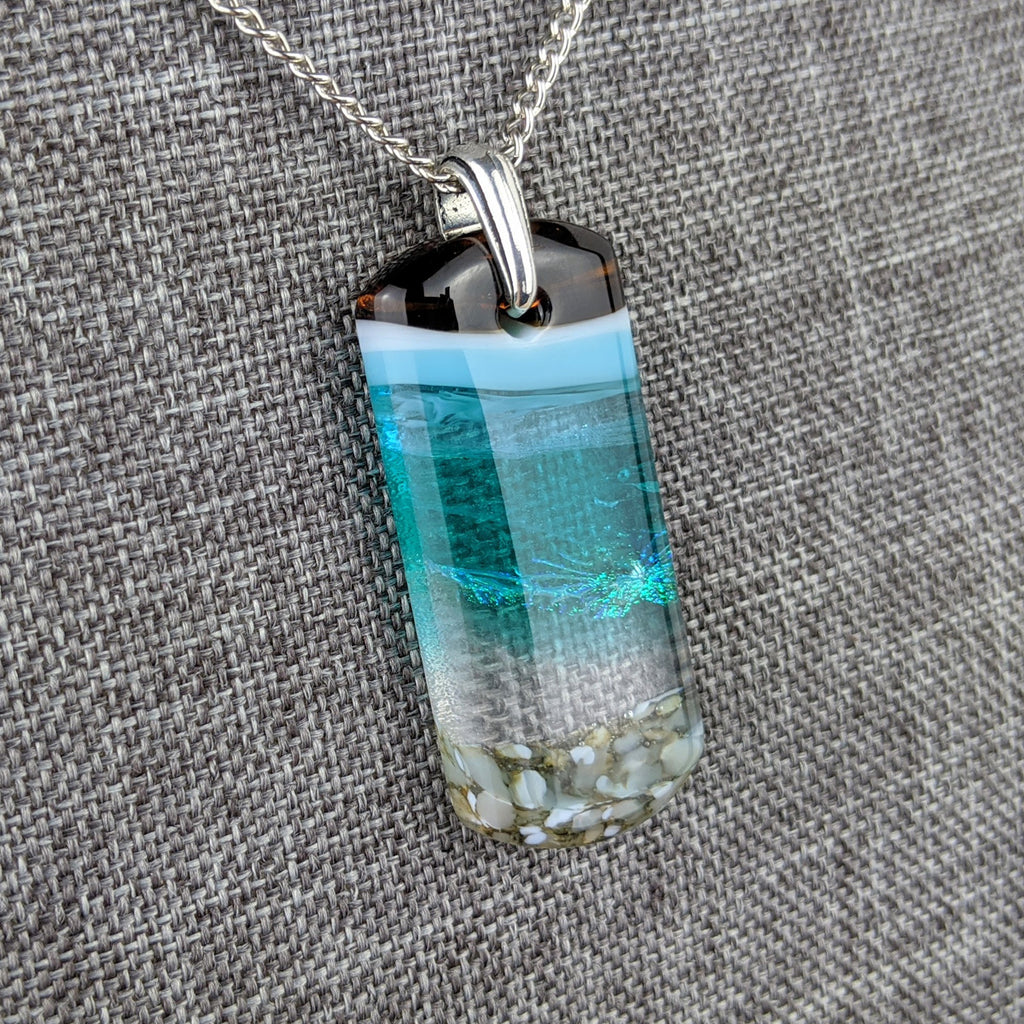 Aqua Turquoise Blue Seascape, Fused Glass Ocean Beach Necklace, Dichroic Aquascape Pendant