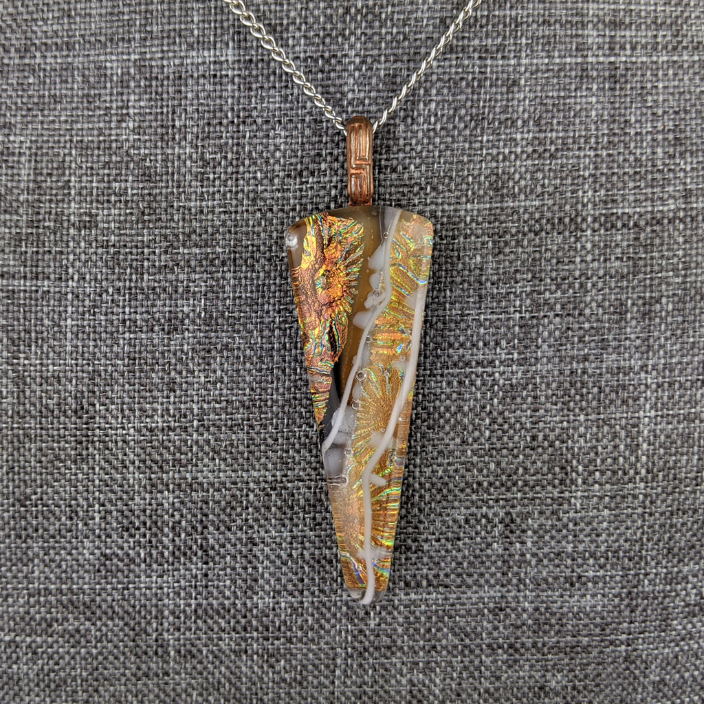 Amber Brown Copper Gold, Fused Glass Necklace, Triangle Dichroic Pendant
