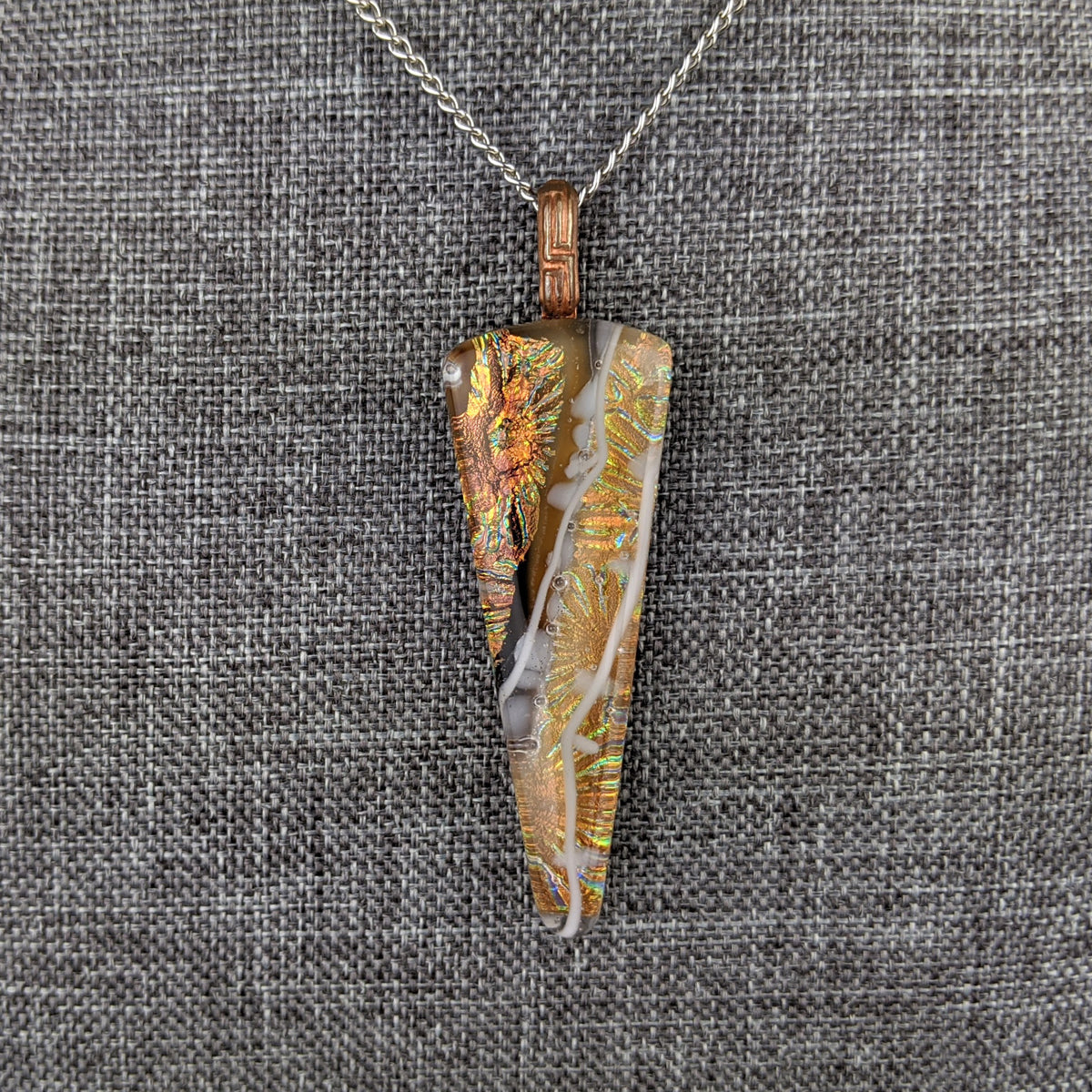 Amber Brown Copper Gold, Fused Glass Necklace, Triangle Dichroic Pendant