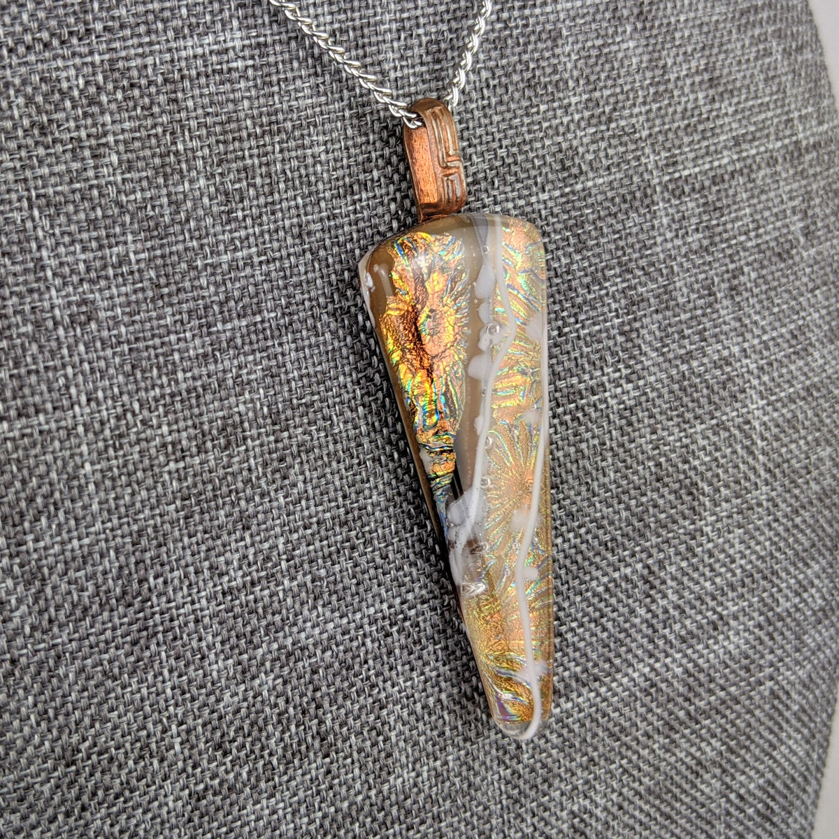 Amber Brown Copper Gold, Fused Glass Necklace, Triangle Dichroic Pendant