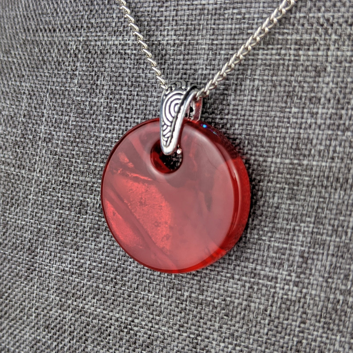 Ruby Red Disc, Fused Glass Necklace, Round Circle Dichroic Pendant