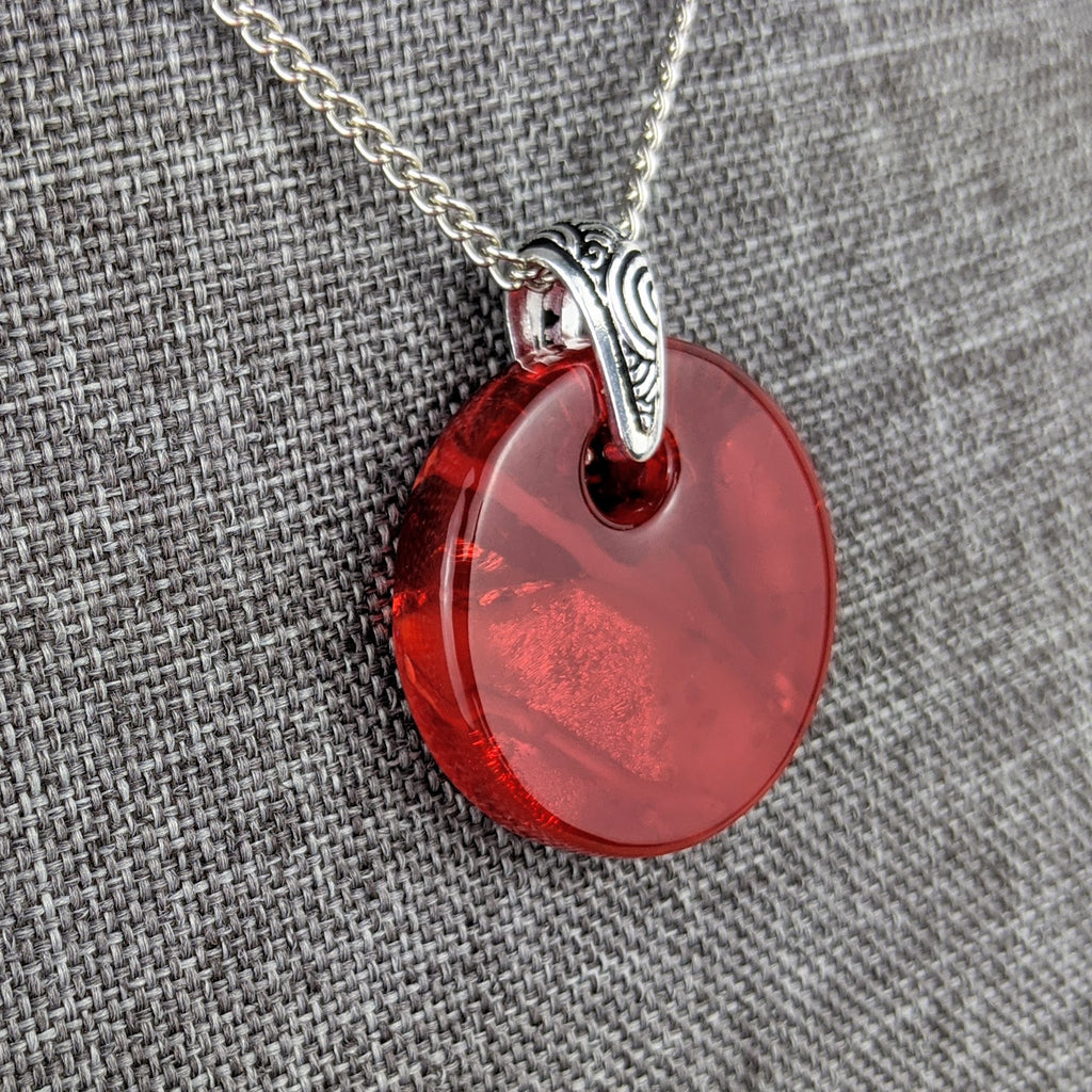 Ruby Red Disc, Fused Glass Necklace, Round Circle Dichroic Pendant