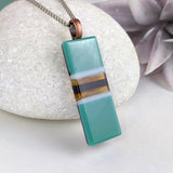 Teal Amber White, Fused Glass Necklace, Rectangle Stripe Pendant