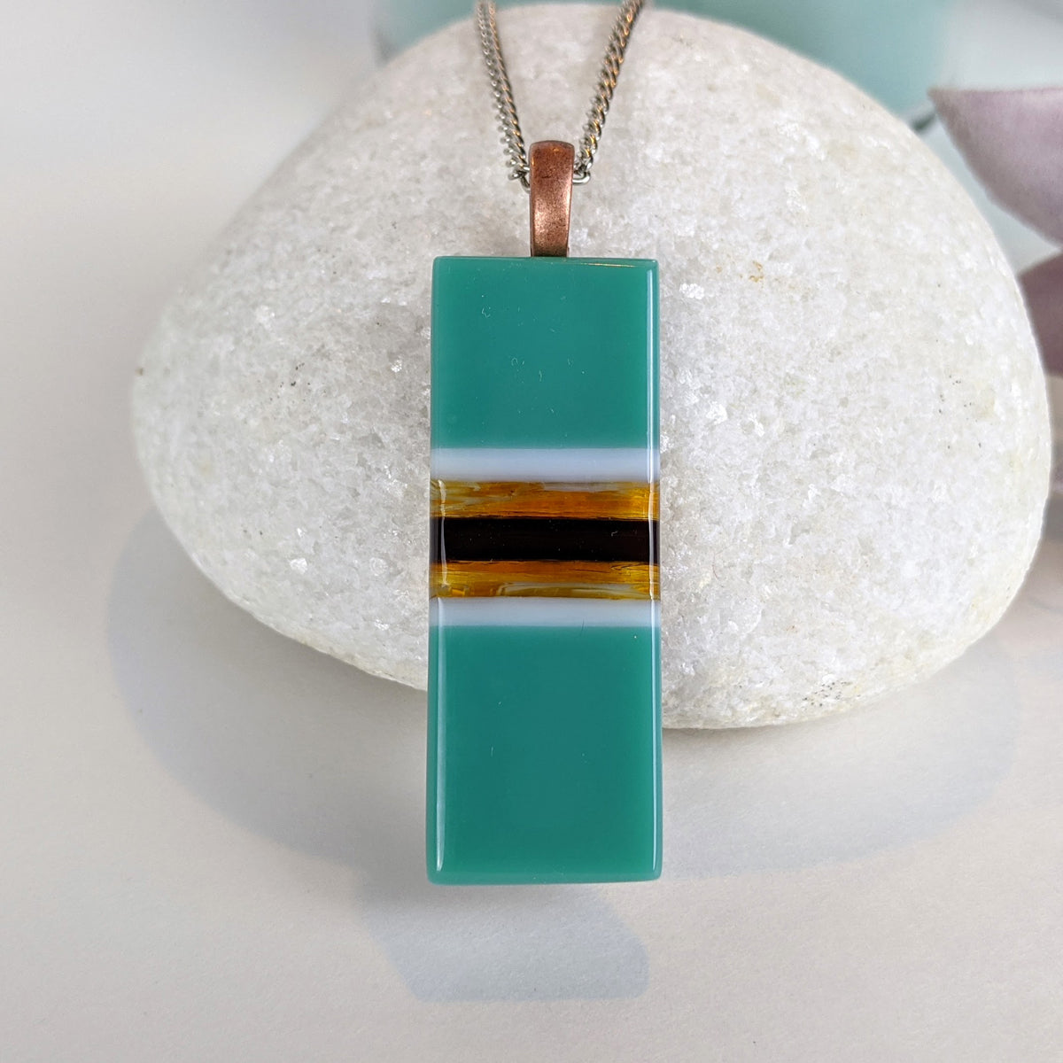 Teal Amber White, Fused Glass Necklace, Rectangle Stripe Pendant