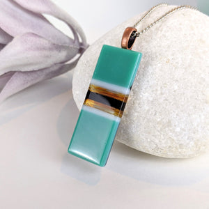 Teal Amber White, Fused Glass Necklace, Rectangle Stripe Pendant