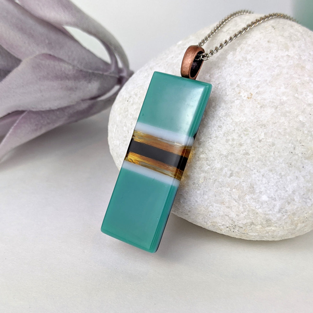 Teal Amber White, Fused Glass Necklace, Rectangle Stripe Pendant