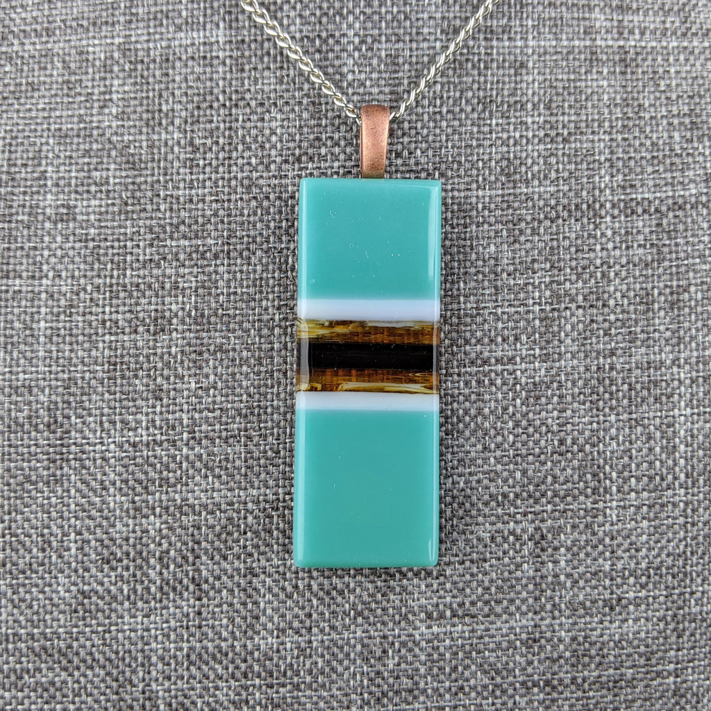Teal Amber White, Fused Glass Necklace, Rectangle Stripe Pendant