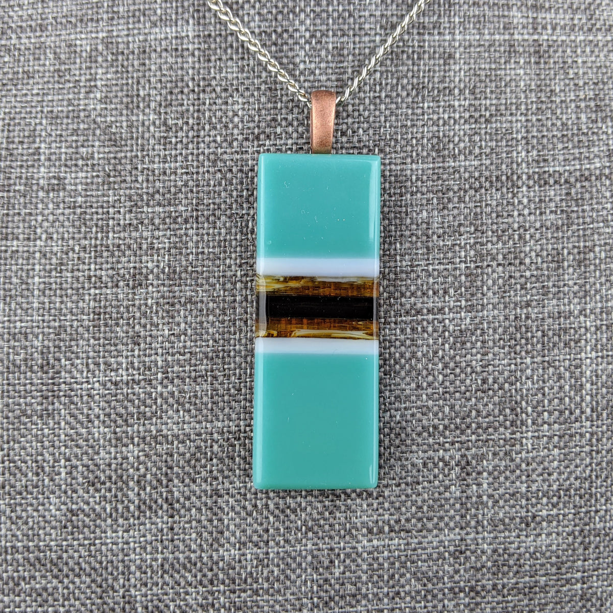 Teal Amber White, Fused Glass Necklace, Rectangle Stripe Pendant