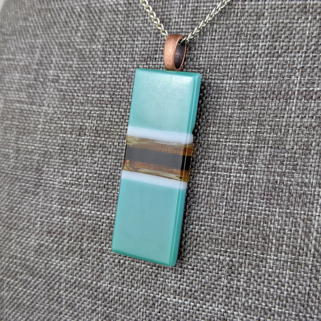 Teal Amber White, Fused Glass Necklace, Rectangle Stripe Pendant