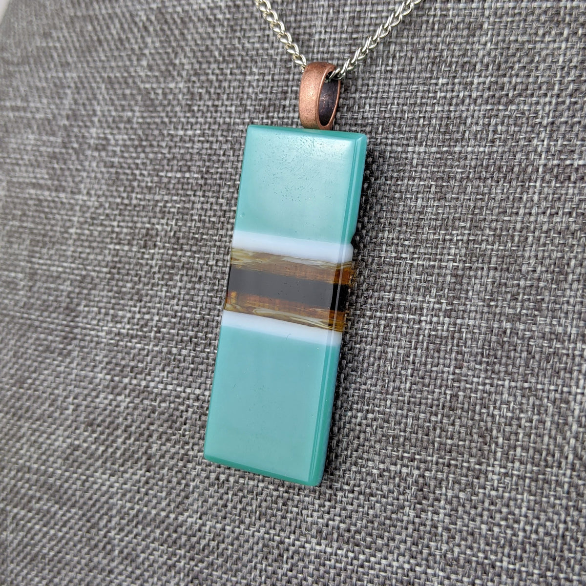 Teal Amber White, Fused Glass Necklace, Rectangle Stripe Pendant