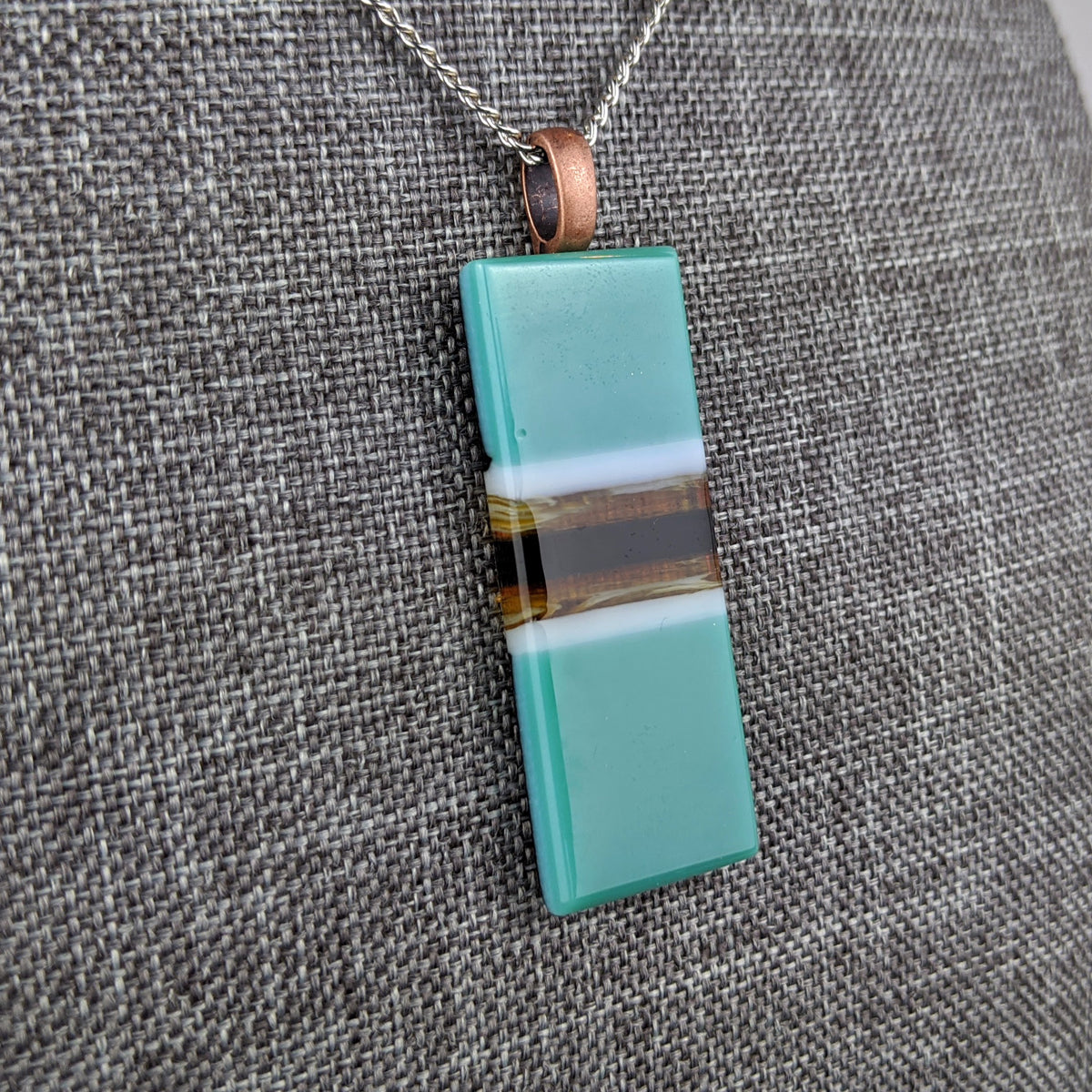 Teal Amber White, Fused Glass Necklace, Rectangle Stripe Pendant