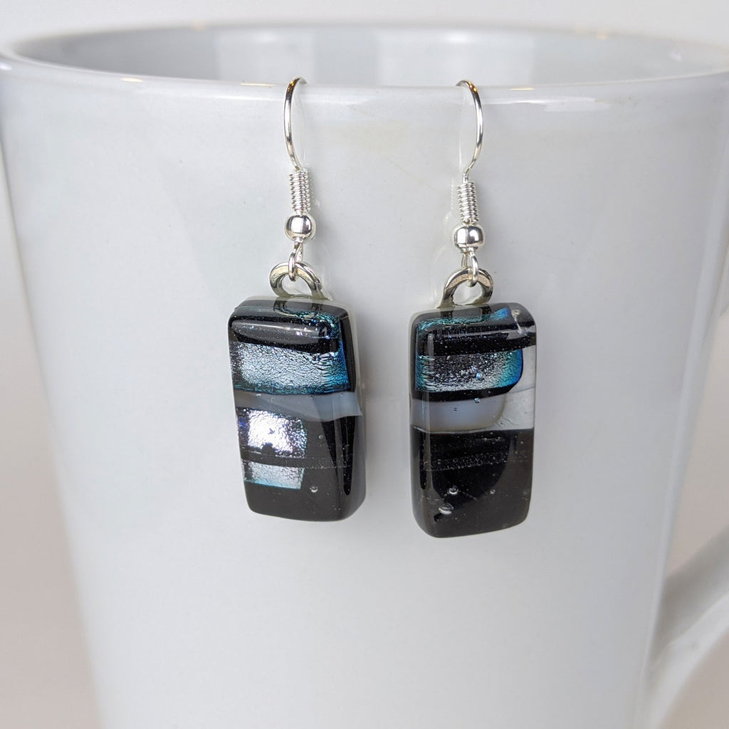 Black Silver White Dangle, Fused Glass Drop Earrings
