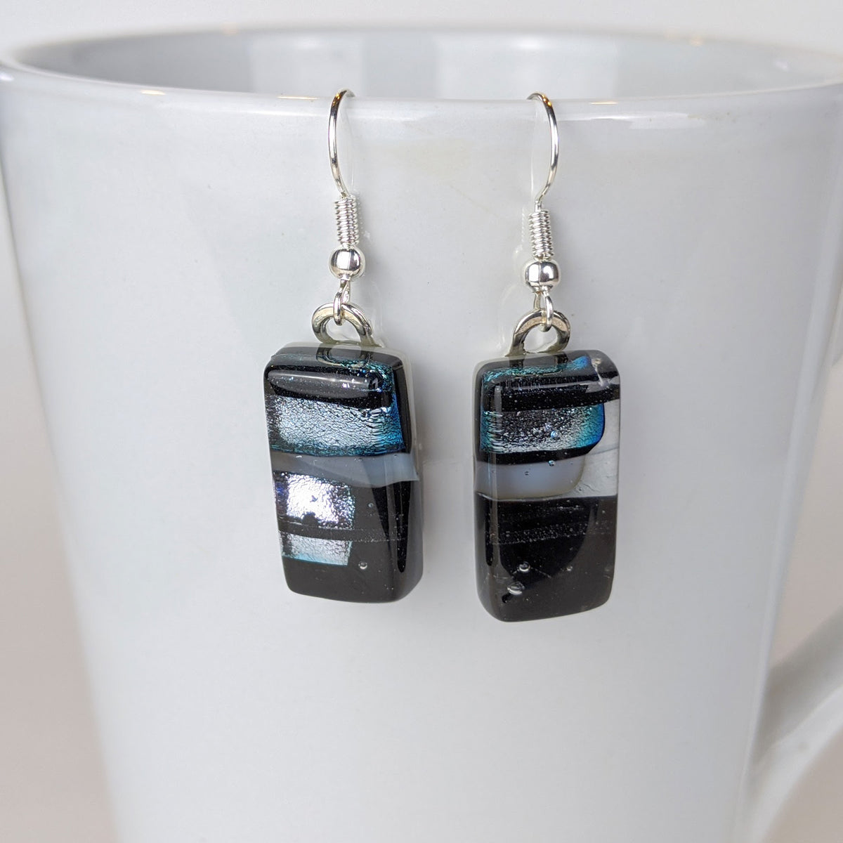 Black Silver White Dangle, Fused Glass Drop Earrings