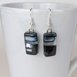 Black Silver White Dangle, Fused Glass Drop Earrings