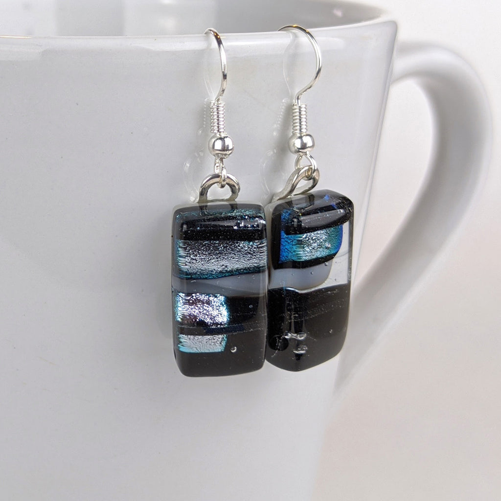 Black Silver White Dangle, Fused Glass Drop Earrings