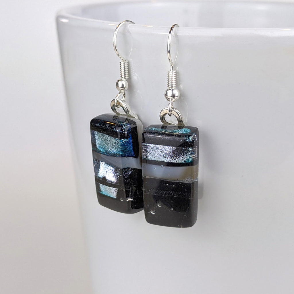 Black Silver White Dangle, Fused Glass Drop Earrings