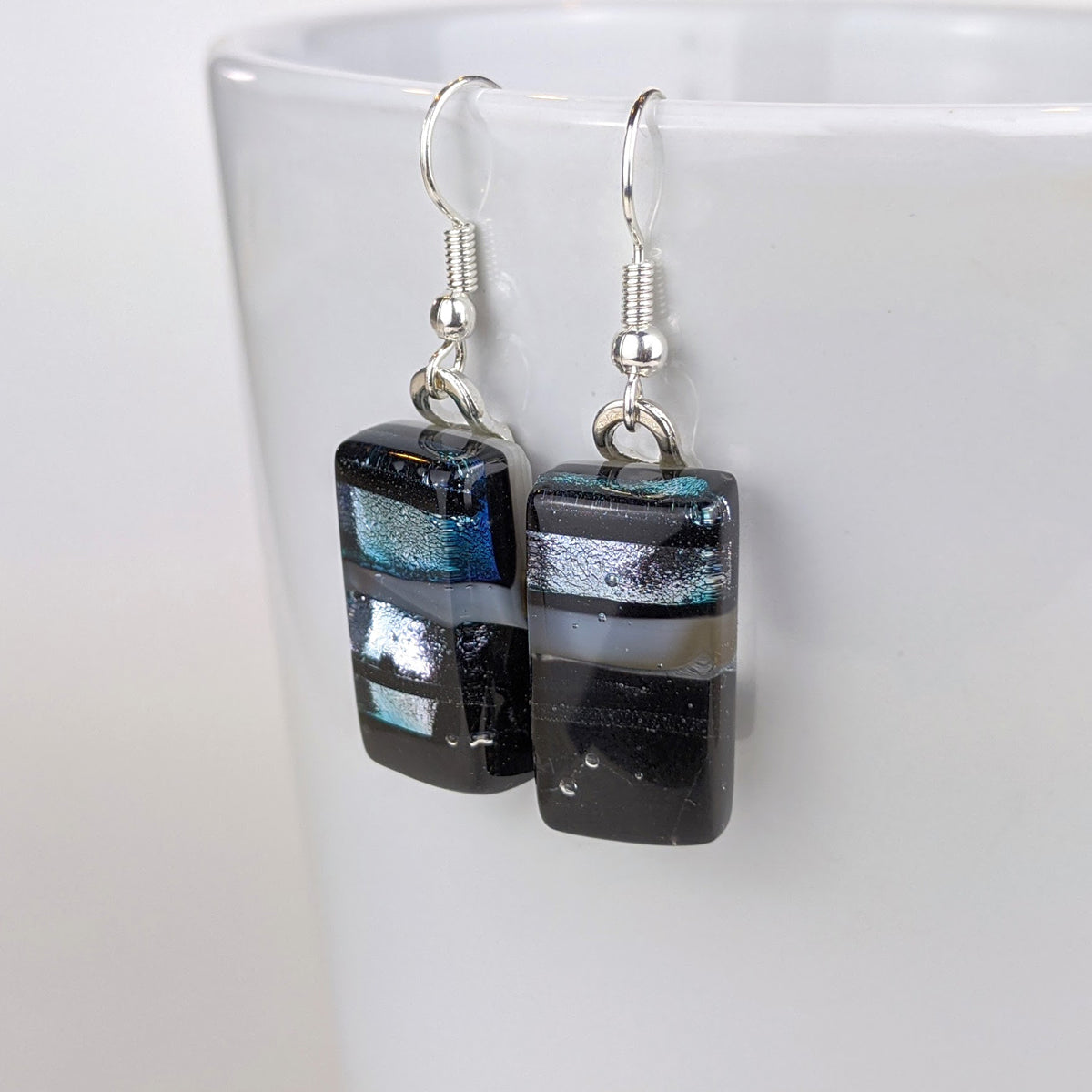Black Silver White Dangle, Fused Glass Drop Earrings