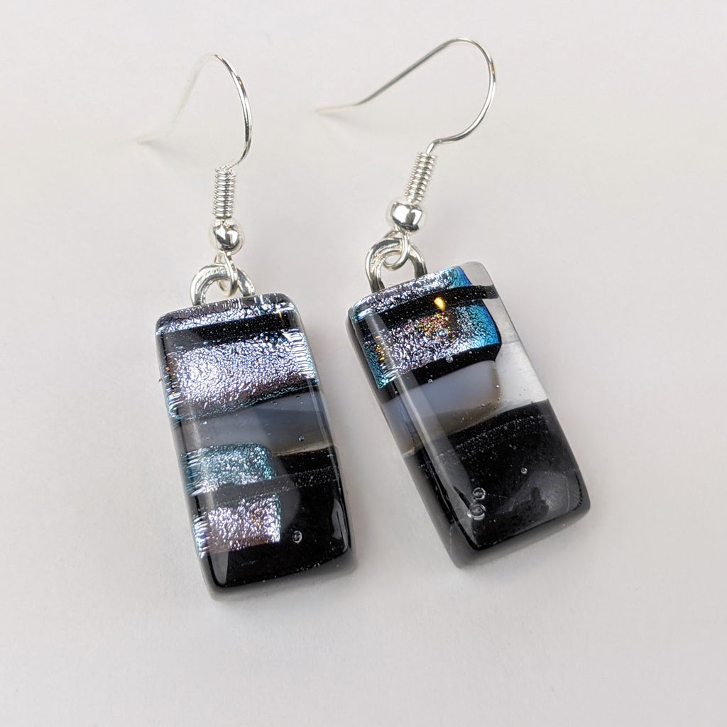 Black Silver White Dangle, Fused Glass Drop Earrings